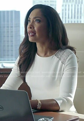 Jessica's white lace shoulder dress on Suits