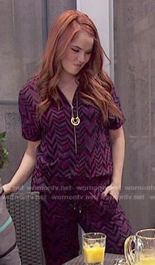 Jessie's purple chevron print jumpsuit on Jessie