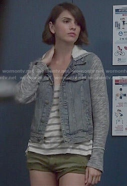 Malia's denim jacket, striped tank top and green shorts on Teen Wolf