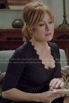 Maura's navy zig zag trim dress on Rizzoli and Isles