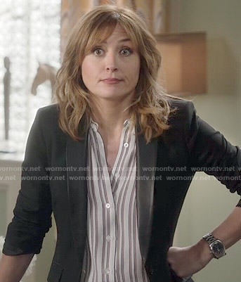 Maura's striped shirt and leather collar blazer on Rizzoli and Isles