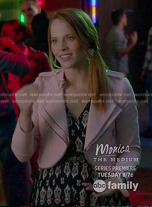 Daphne's pink jacket and printed dress on Switched at Birth