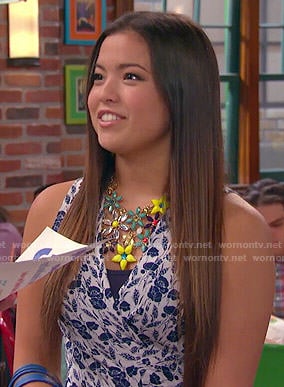 Jasmine's blue floral wrap dress on I Didn't Do It