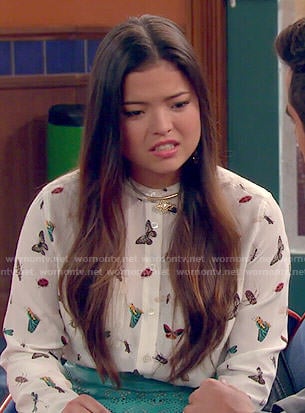 Jasmine's butterfly and bug print blouse on I Didn't Do It