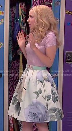 Liv's metallic pink top and rose print skirt on Liv and Maddie