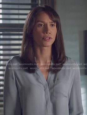 Tess's blue split neck blouse on Beauty and the Beast