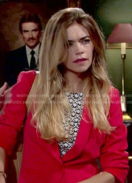 Victoria's geometric printed top and red blazer on The Young and the Restless