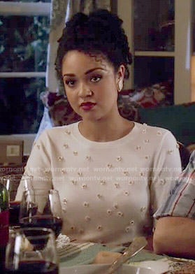 Beth's white embellished sweater on Chasing Life