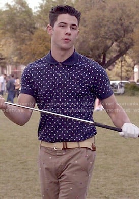 Boone's blue palm tree print polo shirt on Scream Queens