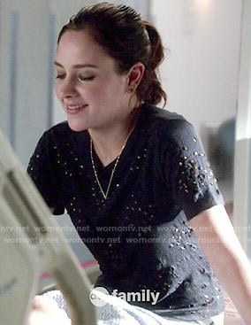Brenna's black distressed beaded top on Chasing Life
