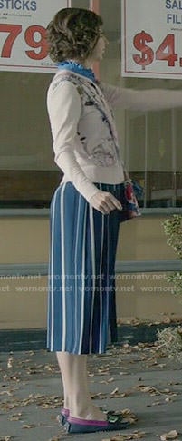 Carol's blue striped culottes and pink floral cardigan on Last Man on Earth