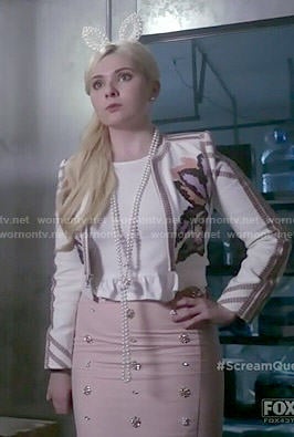 Chanel 5's embroidered jacket and pearl bunny ears headband on Scream Queens