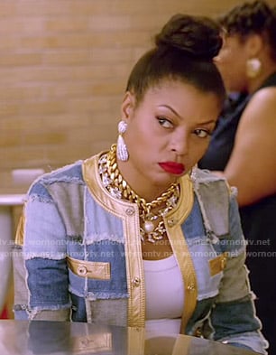 Cookie's denim patchwork jacket with gold trim on Empire
