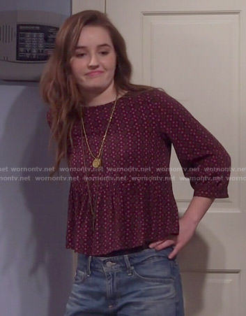 Eve's burgundy printed peplum top on Last Man Standing