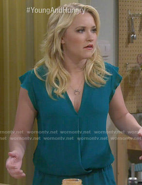 Gabi's teal ruffle trim romper on Young and Hungry