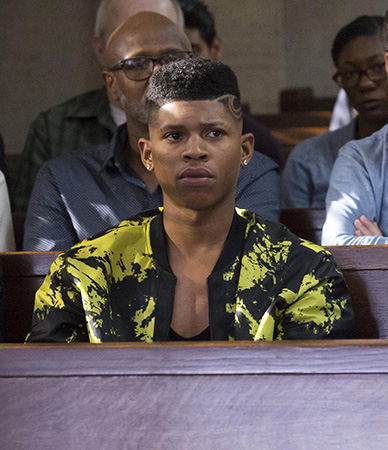 Hakeem's black and yellow printed bomber jacket on Empire