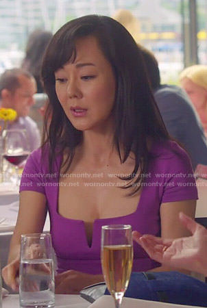Karen's purple split-neck dress on Mistresses