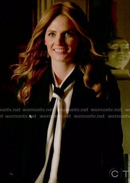 Kate's black and white bow neck blouse on Castle