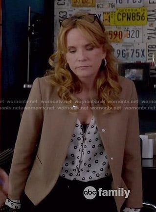 Kathryn's dot printed zip-front top and camel jacket on Switched at Birth