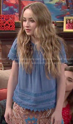 Maya's blue crochet trim top and paisley print skirt on Girl Meets World