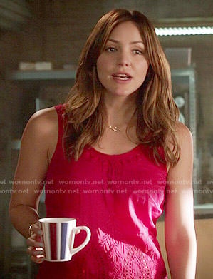 Paige's red embroidered tank top on Scorpion