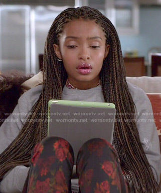 Zoey's grey sweatshirt and red floral jeans on Black-ish