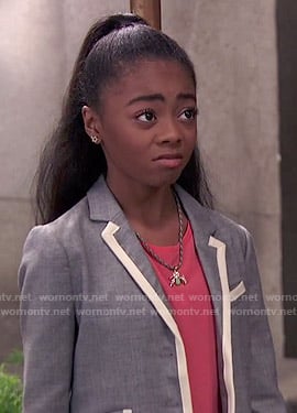Zuri's grey blazer with white trim on Jessie