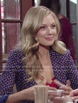 Abby's blue tile print blazer on The Young and the Restless