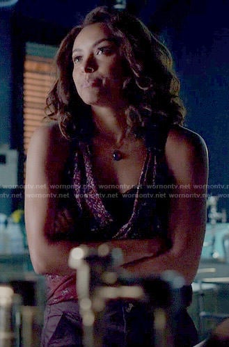 Bonnie's red printed wrap top on The Vampire Diaries