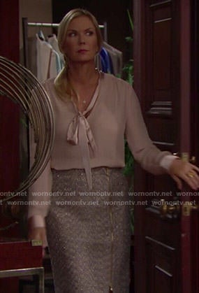 Brooke's pink bow-neck blouse and tweed zip-front skirt on The Bold and the Beautiful