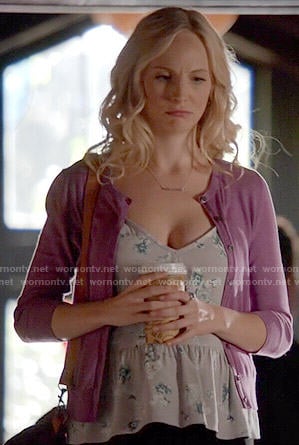 Caroline's grey floral peplum top and purple cardigan on The Vampire Diaries