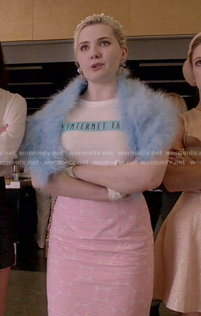 Chanel 5's 'I'm Internet Famous' tee and pink polka dot pencil skirt on Scream Queens