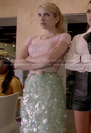 Chanel's mint green sequin skirt and pink KKT crop top on Scream Queens