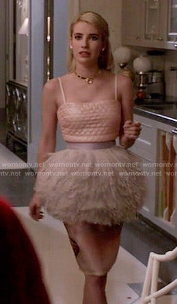 Chanel's pink heart quilted crop top and feather peplum skirt on Scream Queens