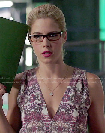 Felicity's purple printed v-neck top on Arrow