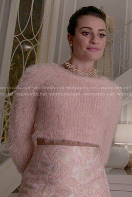 Hester's blush pink fluffy sweater and leaf pattern skirt on Scream Queens