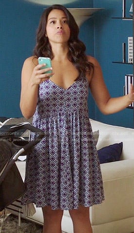 Jane's purple tile printed slip dress on Jane the Virgin