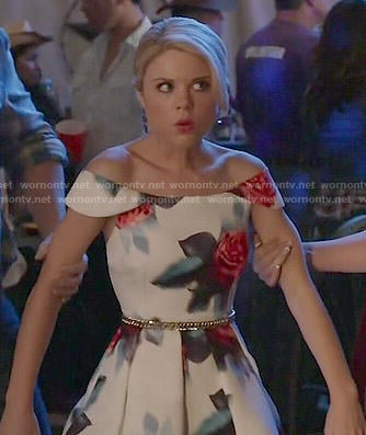 Lauren's floral off-shoulder dress on Faking It
