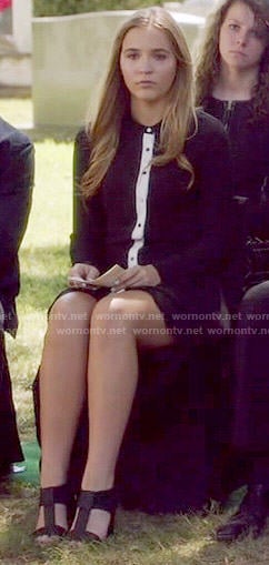 Maddie's black button front dress with white trim on Nashville