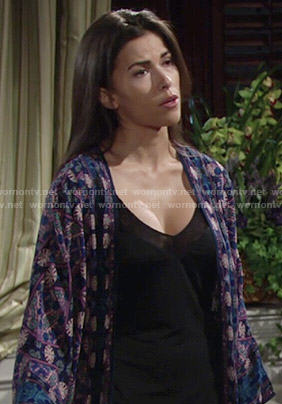 Marisa's blue and purple printed kimono on The Young and the Restless
