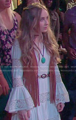 Maya's white lace striped long sleeve dress and fringed vest on Girl Meets World