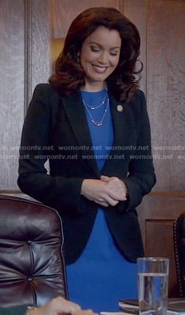 Mellie's blue dress and black blazer on Scandal