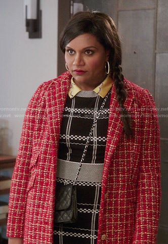 Mindy's black and white checked crop top and skirt and red tweed coat on The Mindy Project