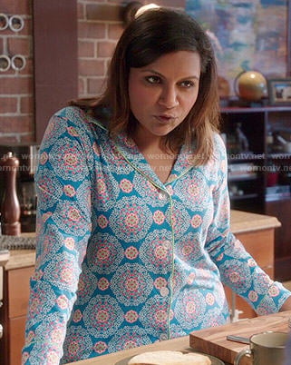 Mindy's blue medallion printed pajamas on The Mindy Project