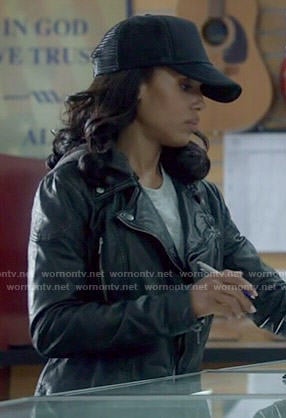 Olivia's black hooded leather jacket on Scandal