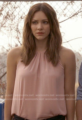 Paige's blush pink pleated neck top on Scorpion
