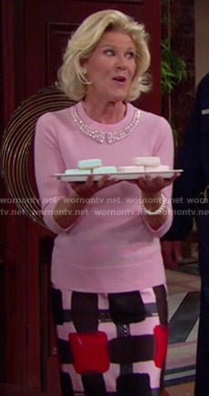 Pam's pink beaded collar sweater and printed skirt on The Bold and the Beautiful
