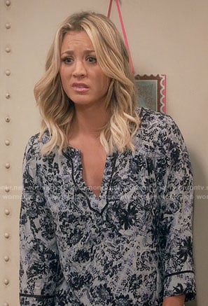 Penny's blue floral split-neck blouse on The Big Bang Theory