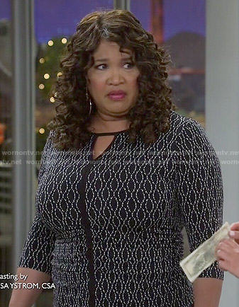 Yolanda's black printed keyhole top on Young and Hungry