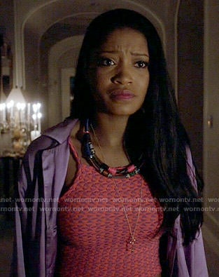Zayday's orange patterned crop top on Scream Queens